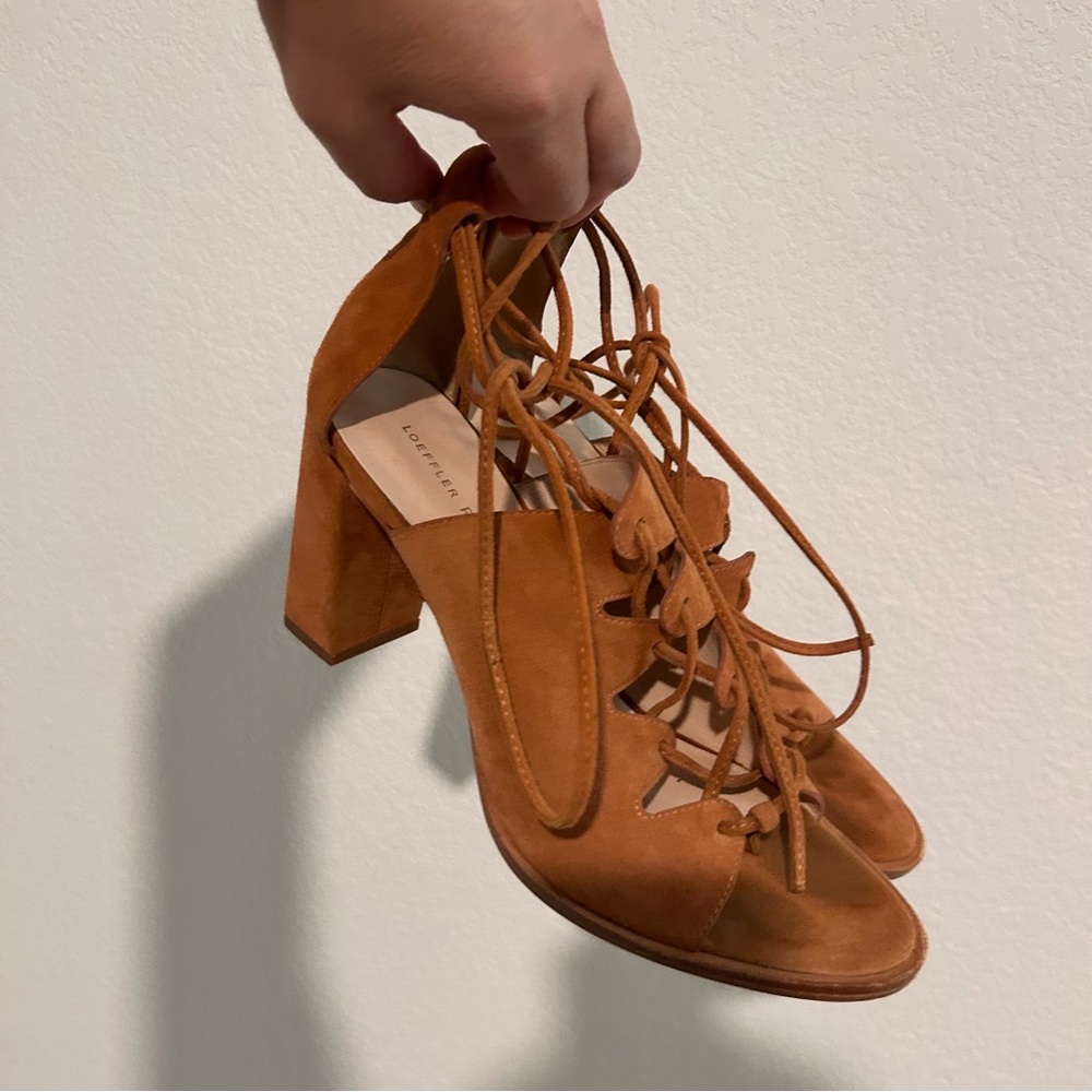 Loeffler Randall Helene Size 8 Bronzer Brown Lace-Up Split Suede Sandals Heels